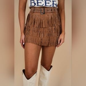 Blushing Brunette Eye Catcher Fringe Skort (Camel), Size M